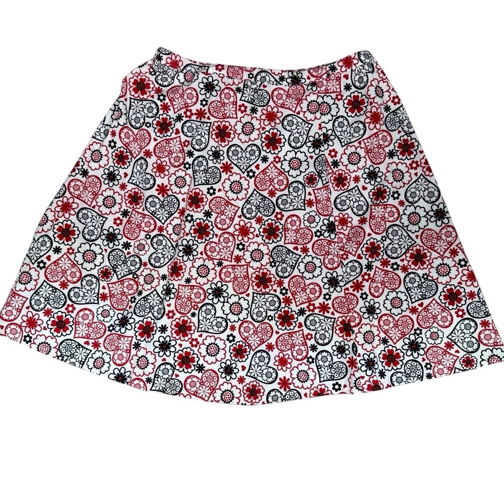Handmade Womens Heart Floral A-Line Skirt 16 | 1X  White Red Black Elastic Waist